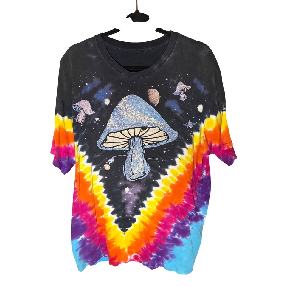 Mens XL Psychedelic Mushroom Galaxy Tie Dye Graphic T-Shirt Black Multi